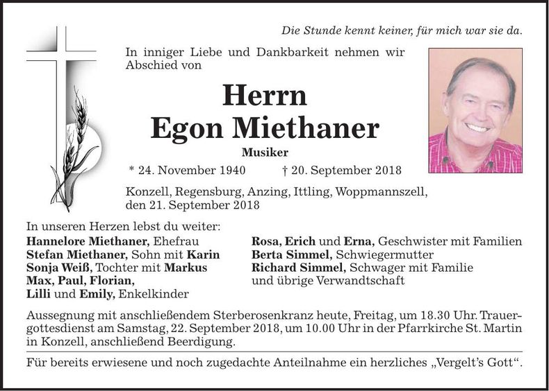 Traueranzeige Egon Miethaner