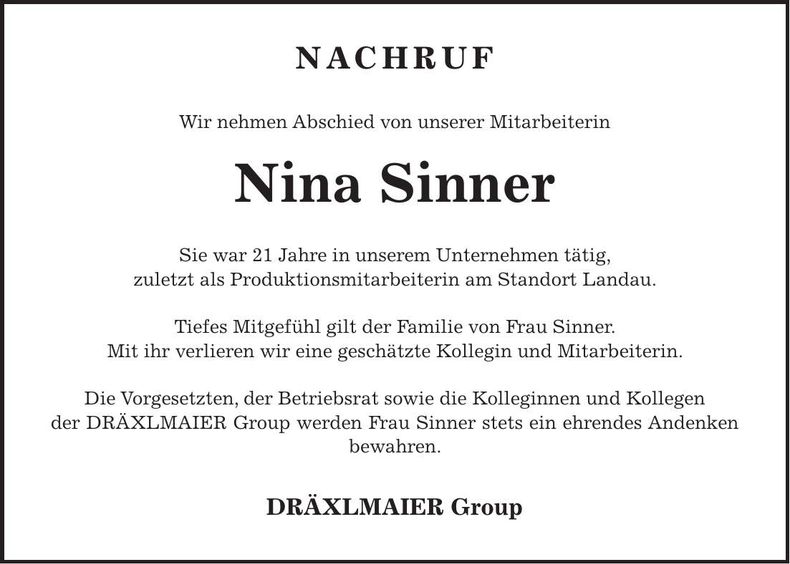 Traueranzeige Nina Sinner