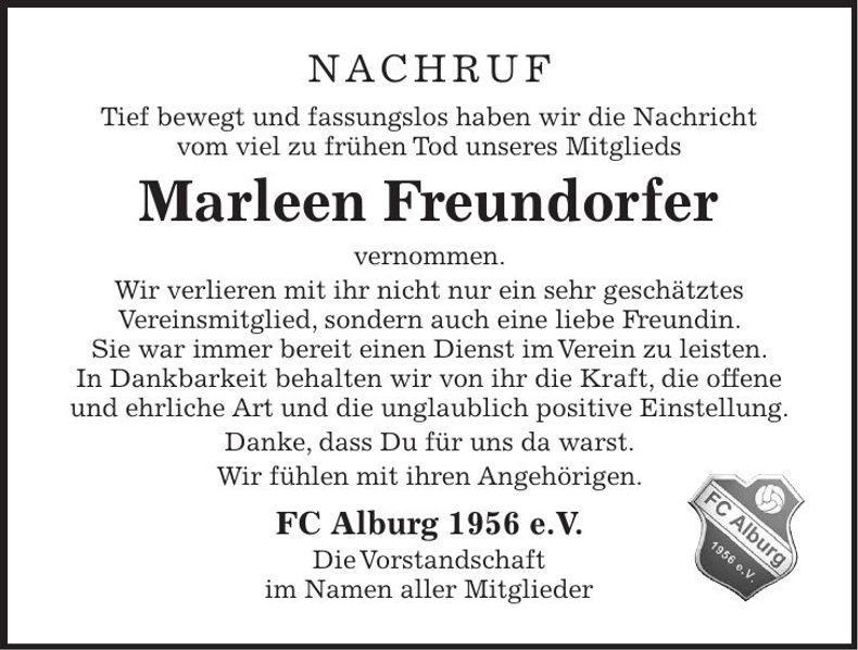 Traueranzeige Marleen Freundorfer