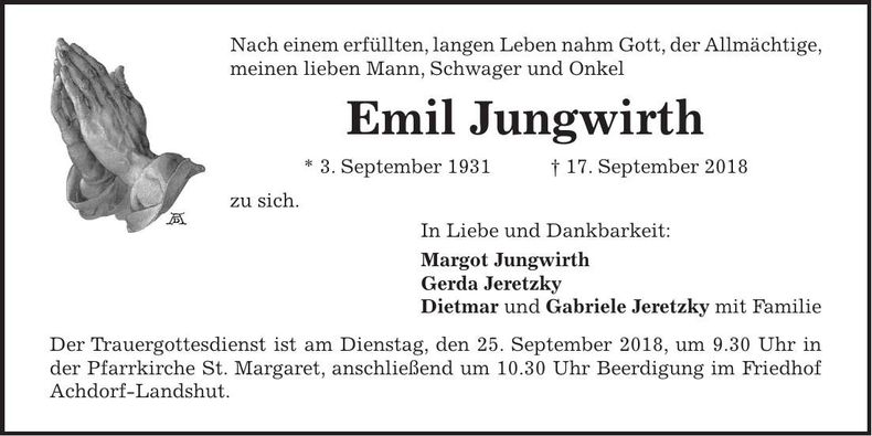 Traueranzeige Emil Jungwirth