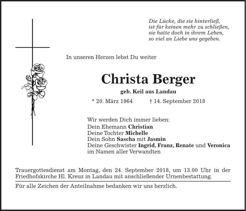 Traueranzeige Christa Berger