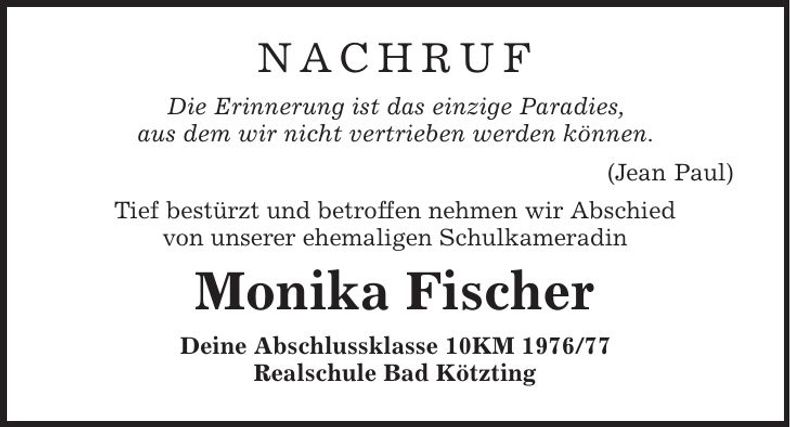 Traueranzeige Monika Fischer