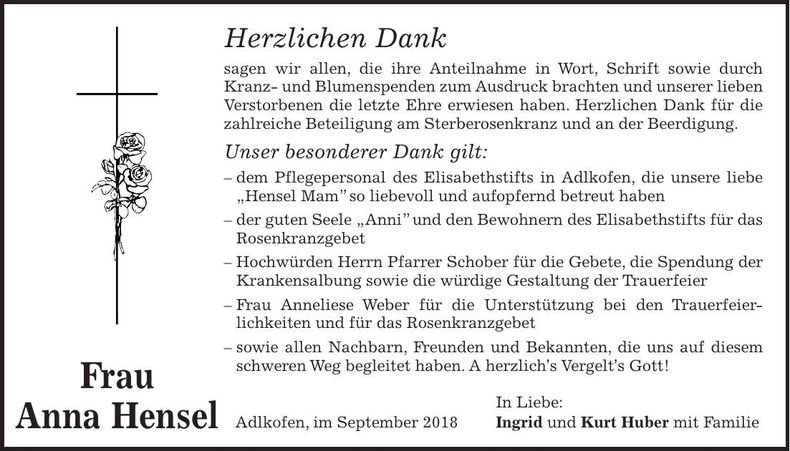Traueranzeige Anna Hensel