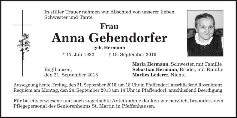 Traueranzeige Anna Gebendorfer