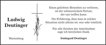 Traueranzeige Ludwig Deutinger