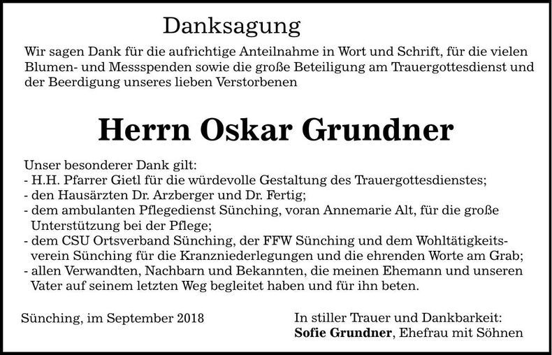 Traueranzeige Oskar Grundner