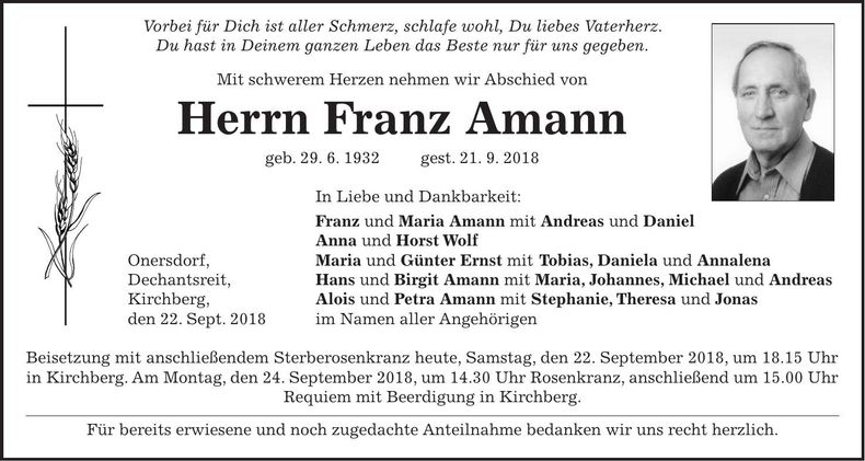 Traueranzeige Franz Amann