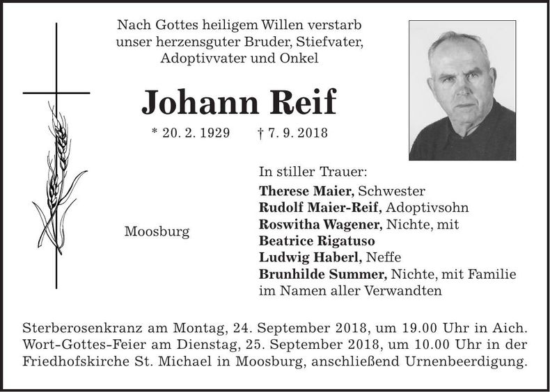 Traueranzeige Johann Reif