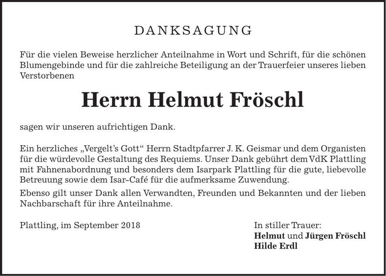 Traueranzeige Helmut Fröschl