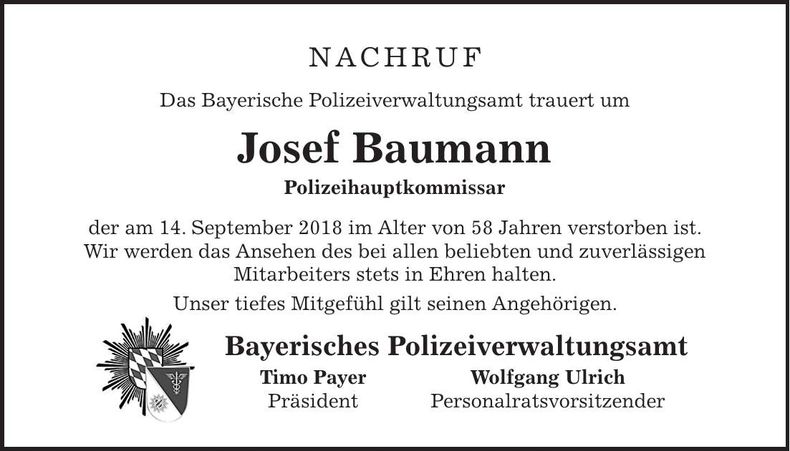 Traueranzeige Josef Baumann