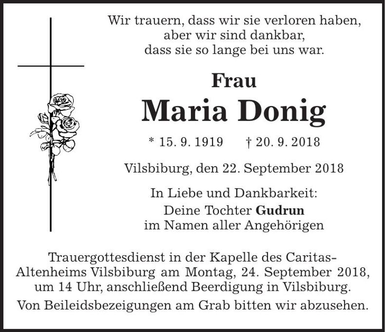 Traueranzeige Maria Donig
