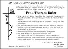 Traueranzeige Therese Baier