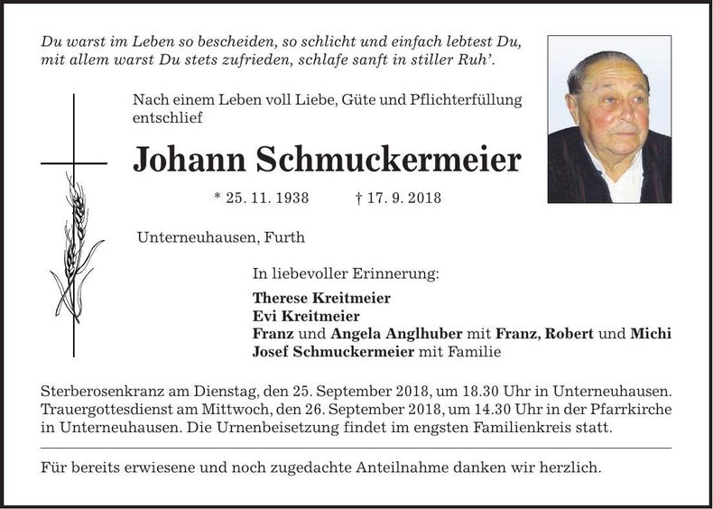Traueranzeige Johann Schmuckermeier
