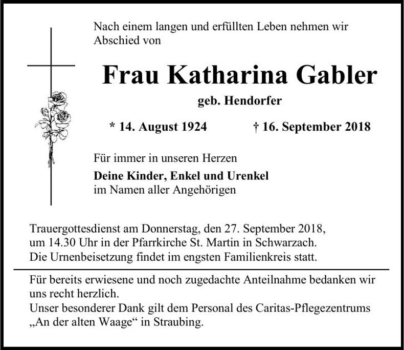 Traueranzeige Katharina Gruber