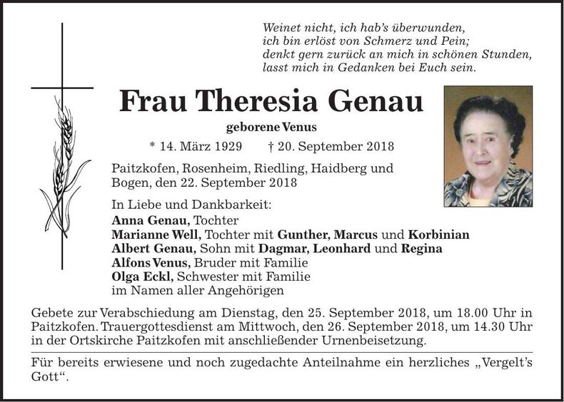 Traueranzeige Theresia Genau