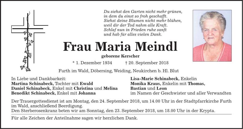 Traueranzeige Maria Meindl