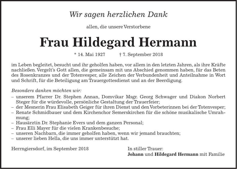 Traueranzeige Hildegard Hermann
