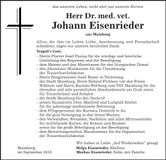 Traueranzeige Dr. med. vet. Johann Eisenrieder