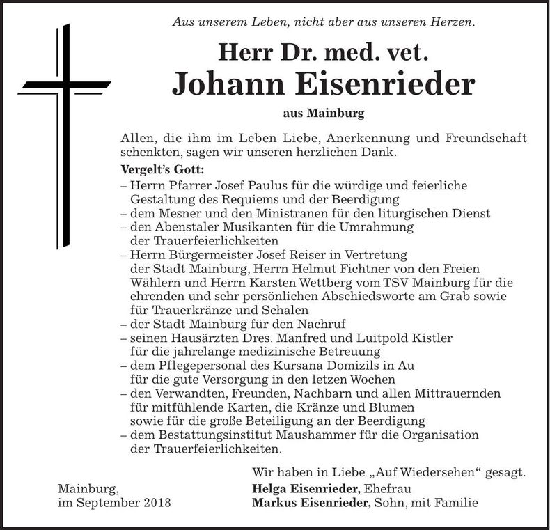 Traueranzeige Dr. med. vet. Johann Eisenrieder