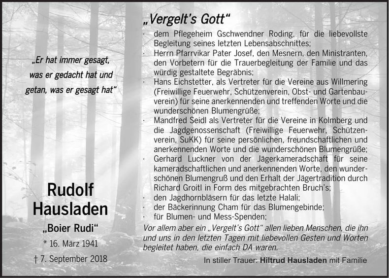 Traueranzeige Rudolf Hausladen