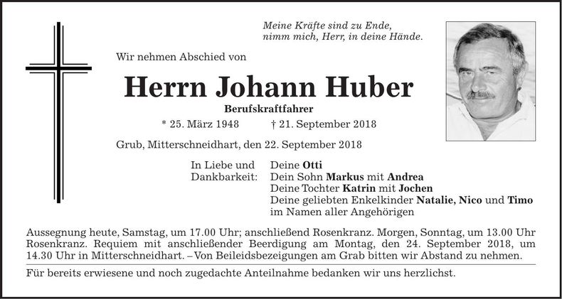 Traueranzeige Johann Huber