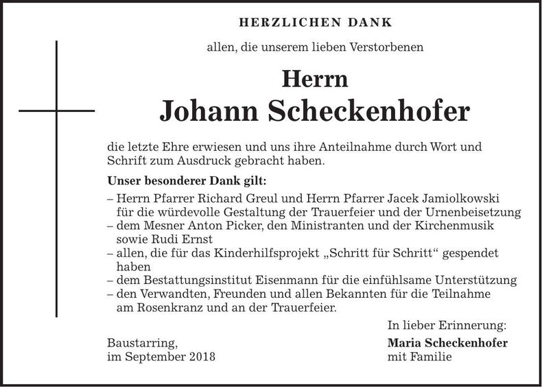 Traueranzeige Johann Scheckenhofer