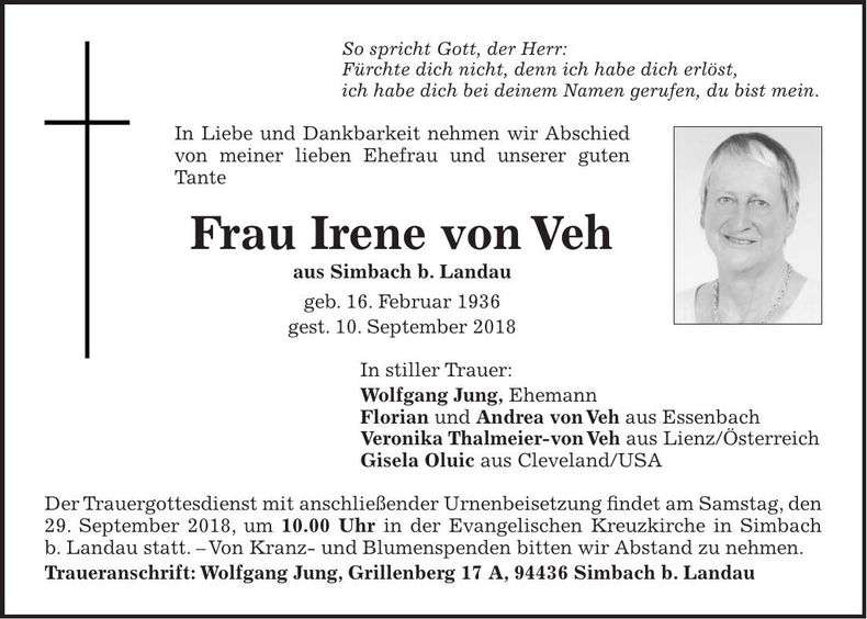 Traueranzeige Irene von Veh