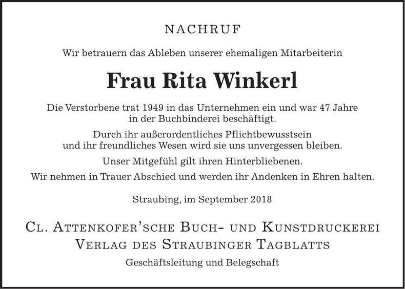 Traueranzeige Rita Winkerl