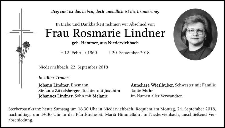 Traueranzeige Rosmarie Lindner