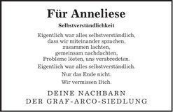 Traueranzeige Anneliese Leher