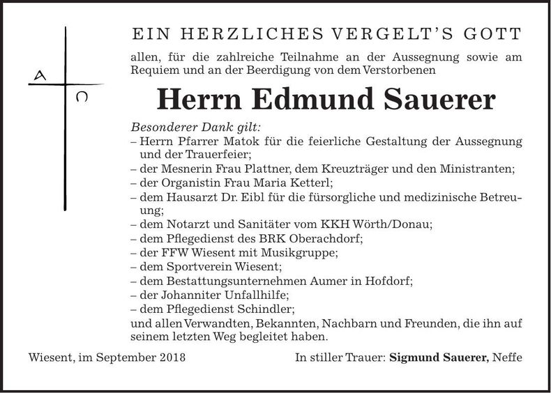 Traueranzeige Edmung Sauerer