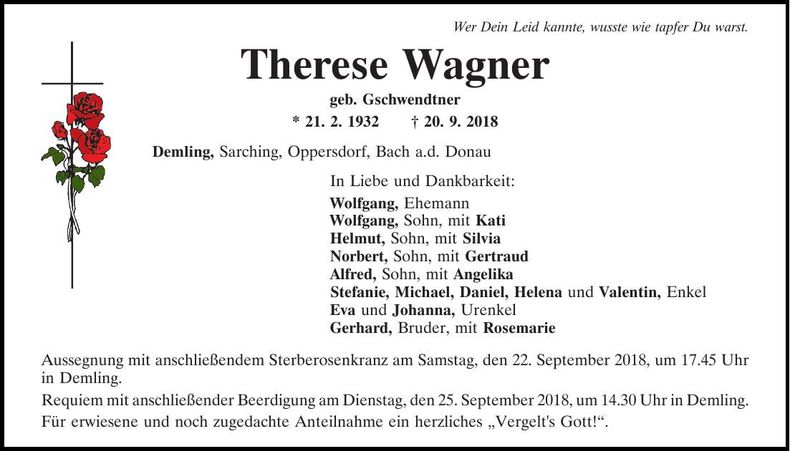Traueranzeige Therese Wagner