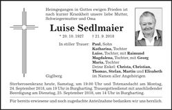 Traueranzeige Luise Sedlmaier