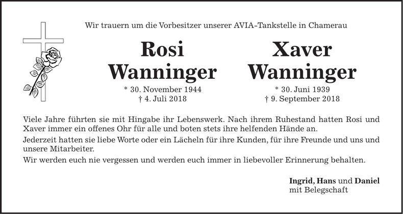 Traueranzeige Rosi und Xaver Wanninger
