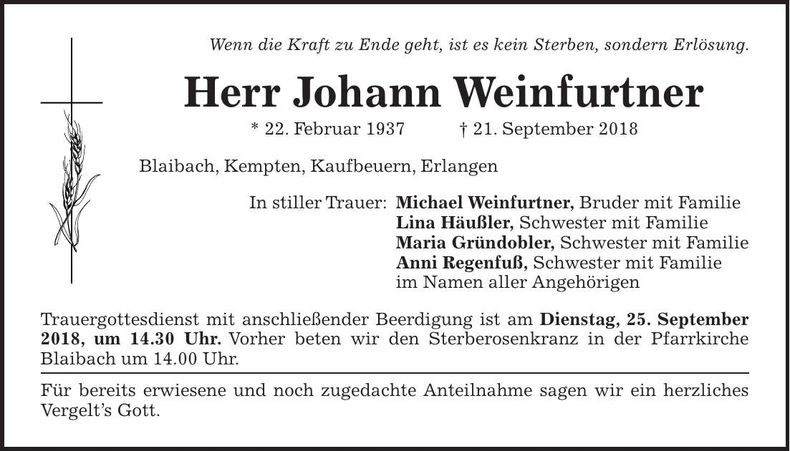 Traueranzeige Johann Weinfurtner