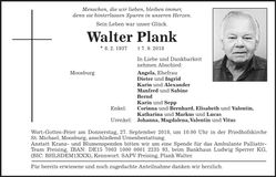 Traueranzeige Walter Plank