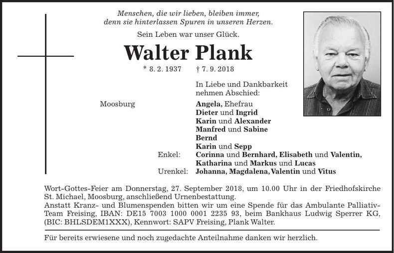 Traueranzeige Walter Plank