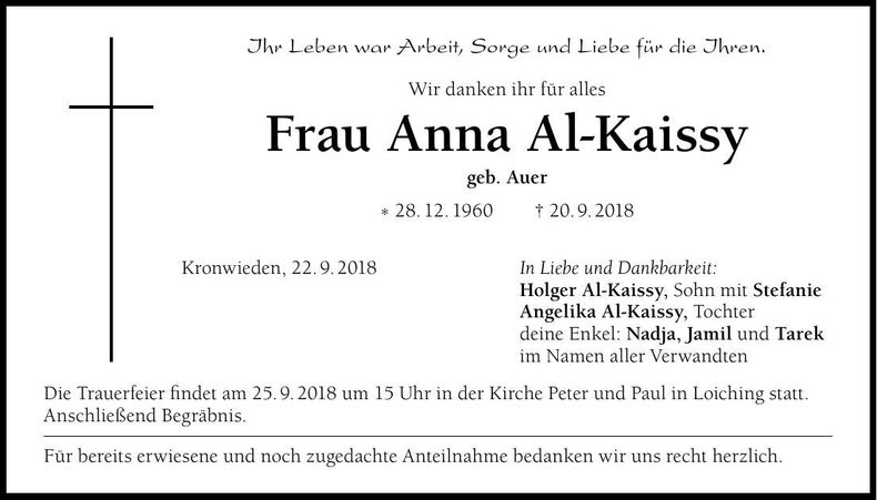 Traueranzeige Anna Al-Kaissy