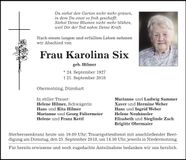 Traueranzeige Karolina Six