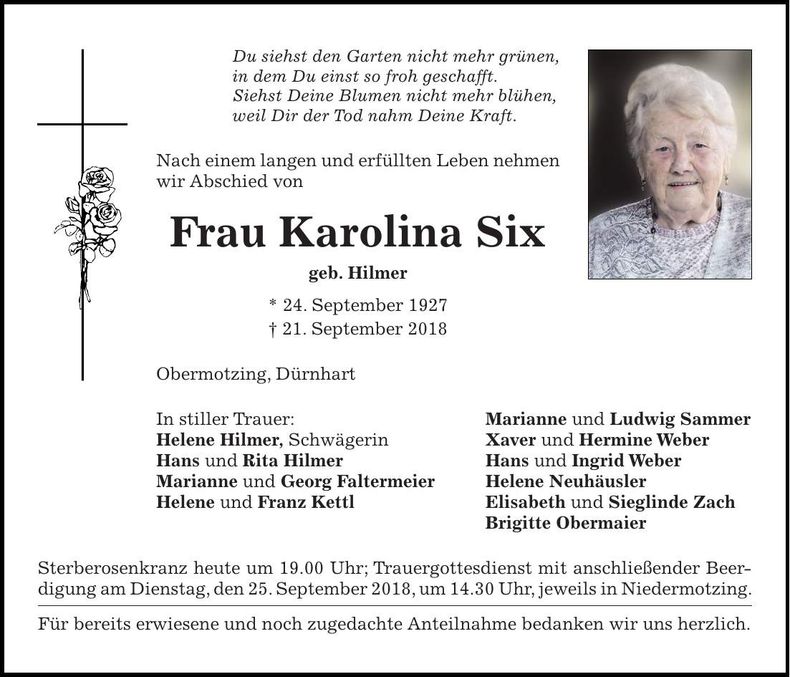 Traueranzeige Karolina Six