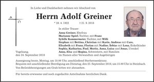 Traueranzeige Adolf Greiner