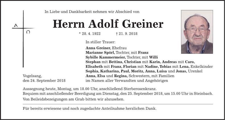 Traueranzeige Adolf Greiner