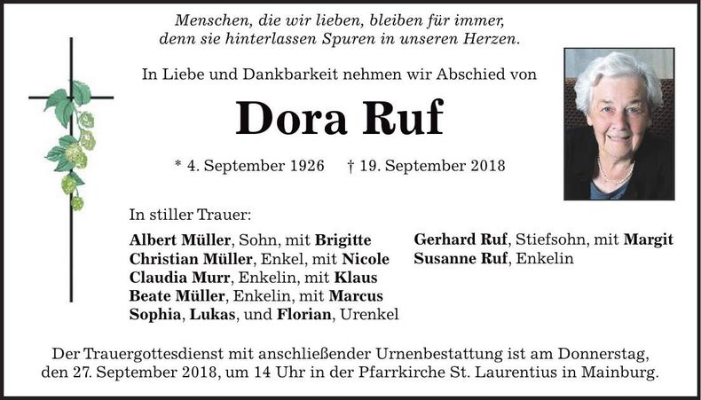 Traueranzeige Dora Ruf