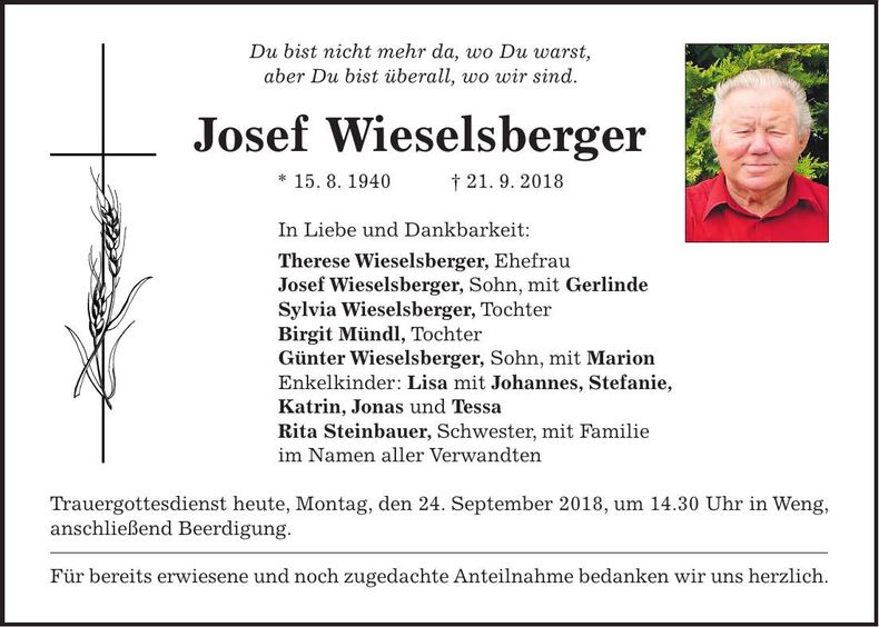 Traueranzeige Josef Wieselsberger