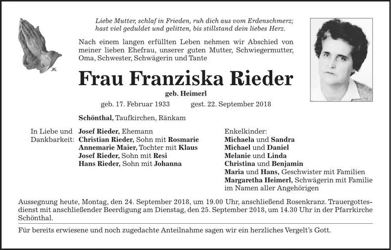 Traueranzeige Franziska Rieder