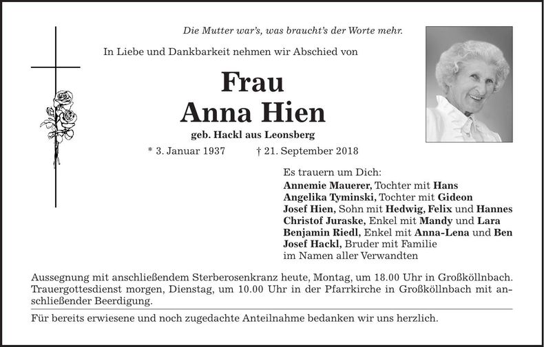 Traueranzeige Anna Hien
