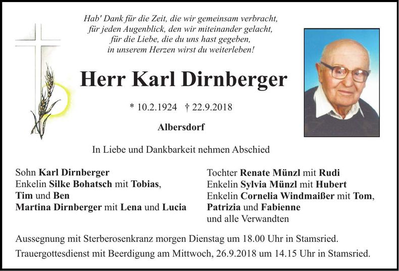 Traueranzeige Karl Dirnberger