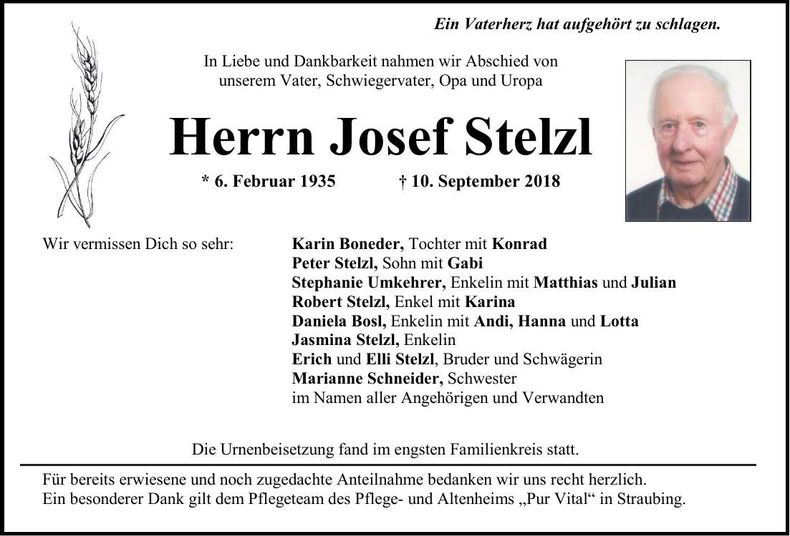 Traueranzeige Josef Stelzl