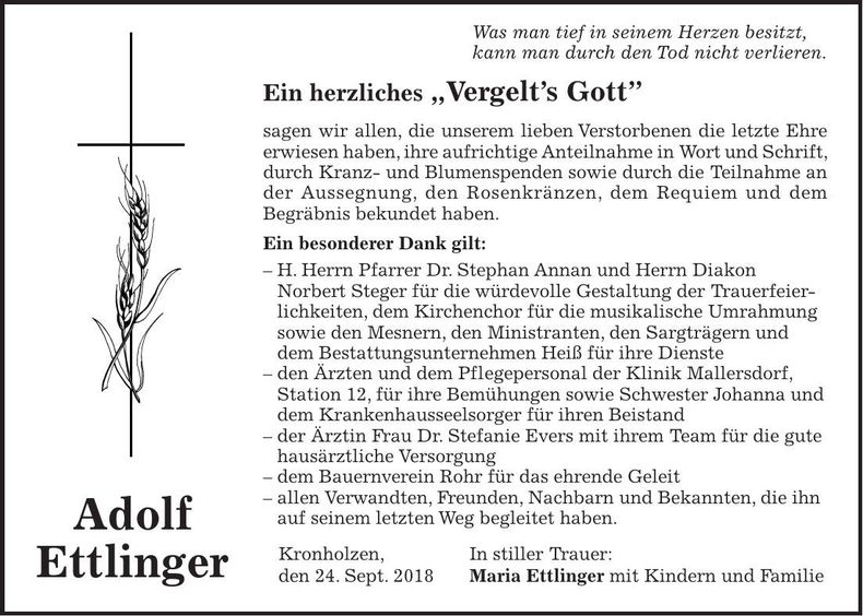 Traueranzeige Adolf Ettlinger