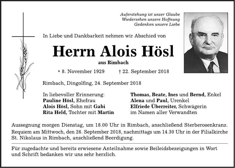 Traueranzeige Alois Hösl